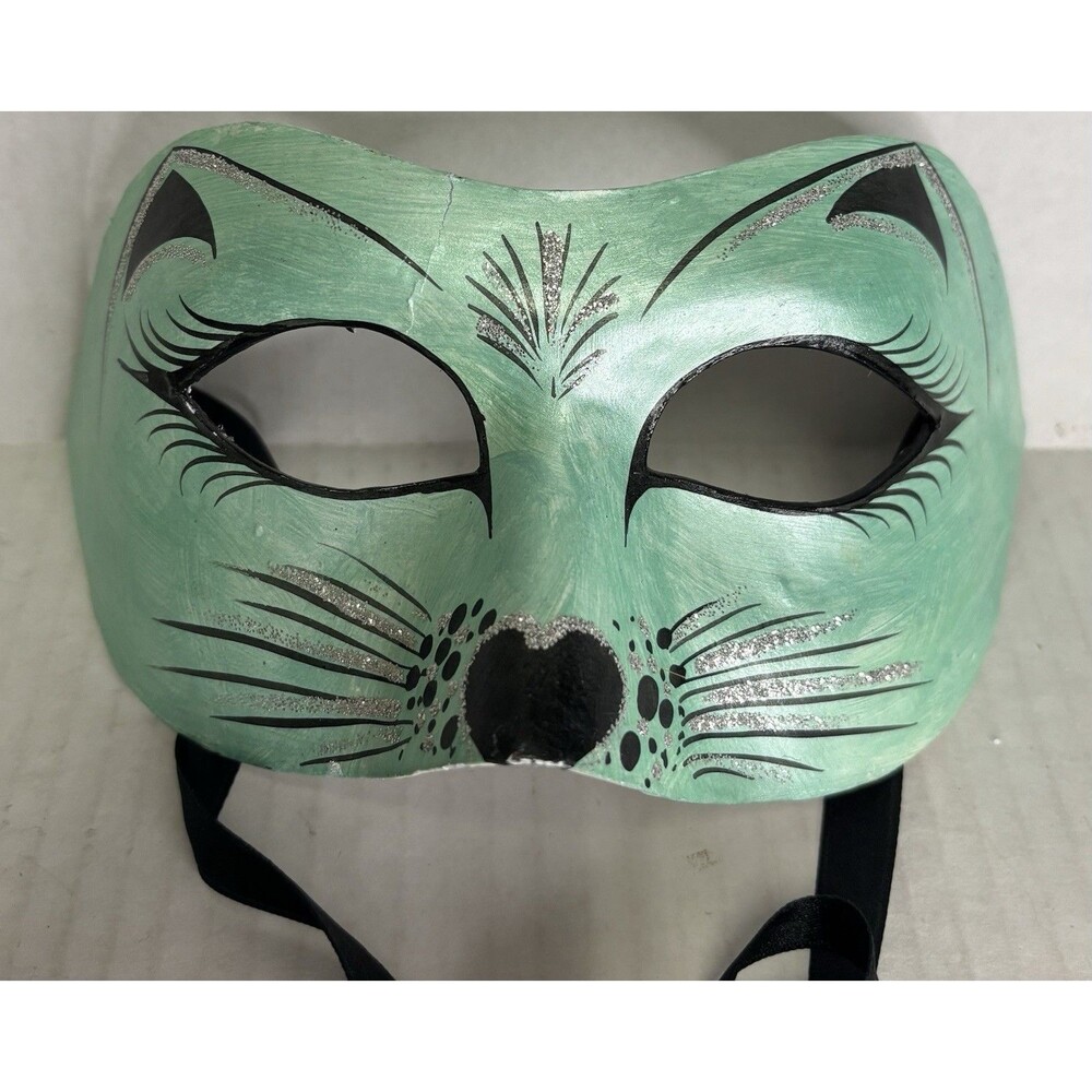 Handmade Paper Mache Cat Masquerade Mask Hand Painted  Mint Green And Black